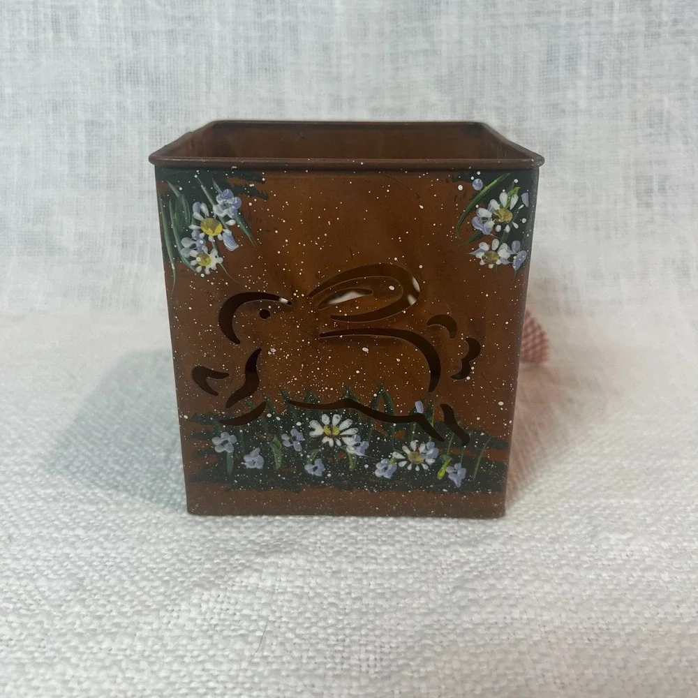 Vtg Bunny Cutout Tin Candle Holder Floral Handle Speckled Seasonal Decor Holiday
